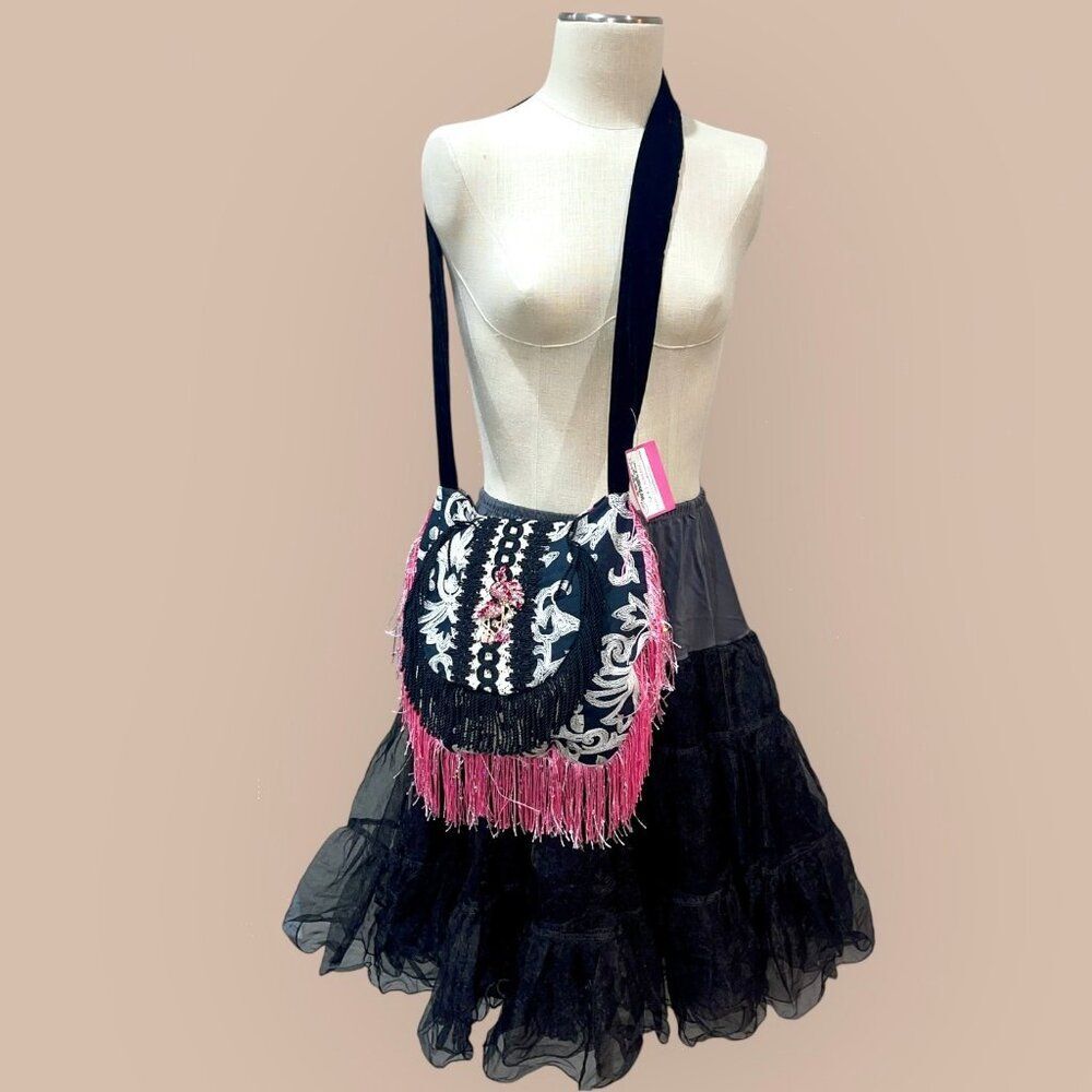 Black & Pink Eclectic Handmade Upcycled Boho Fringed Crossbody Bag - Picture 3 of 9